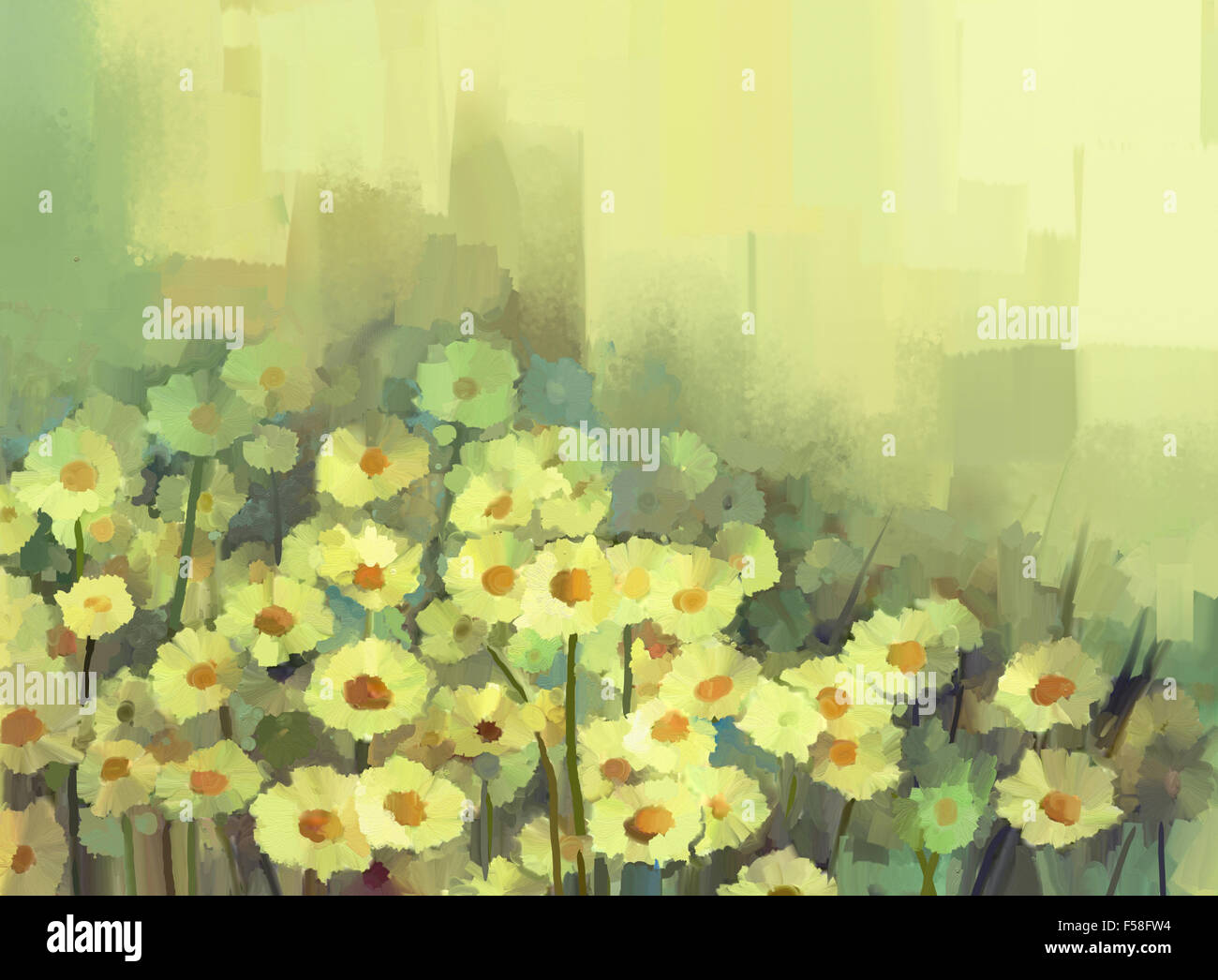 Pittura di olio a margherita di fiori di camomilla dello sfondo dei campi Foto Stock