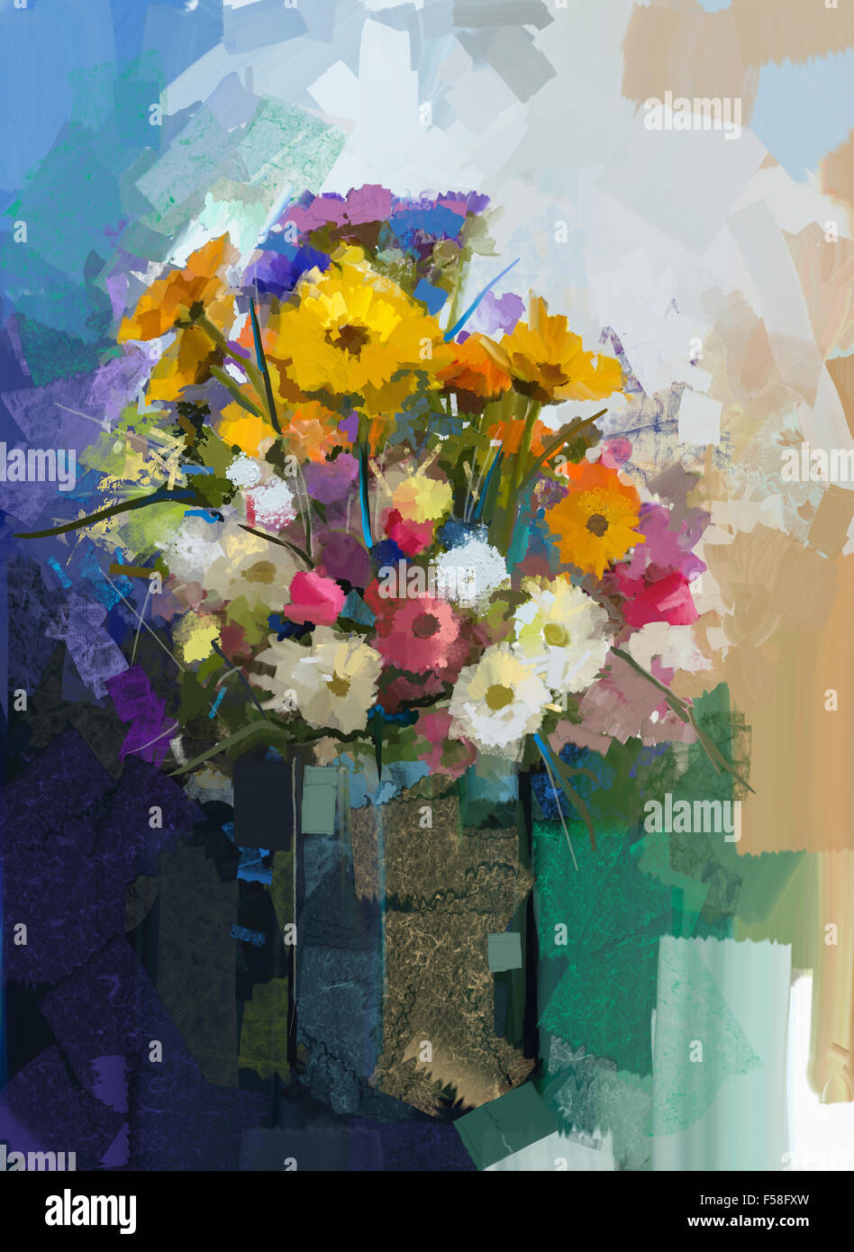 Vaso con ancora in vita un bouquet di fiori. Pittura Di Olio Foto Stock