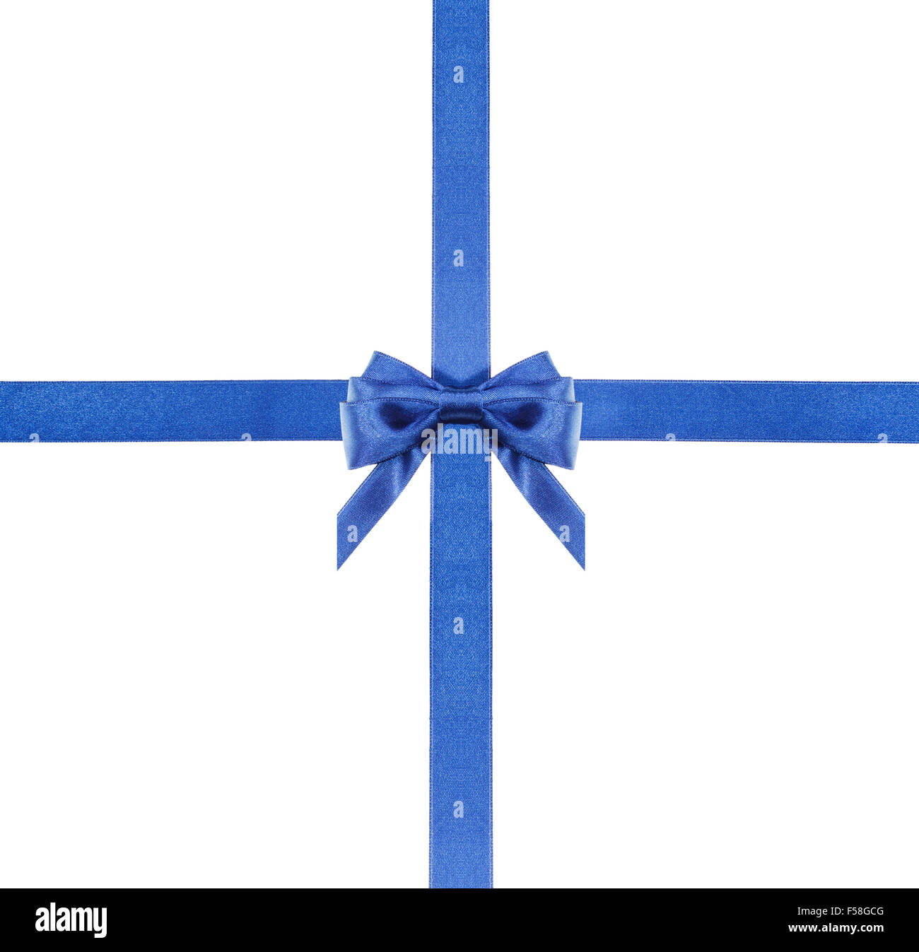 Uno blu in satin in centro e due nastri di intersezione isolata piazza su sfondo bianco Foto Stock