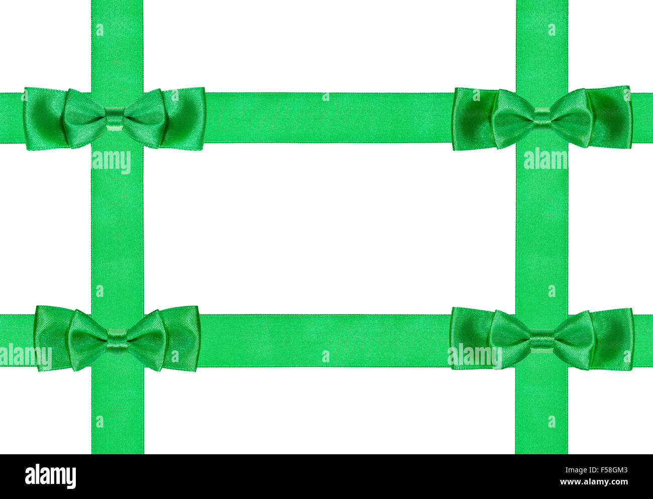 Quattro verde doppia nodi di prua su quattro nastri di raso isolati su sfondo bianco Foto Stock