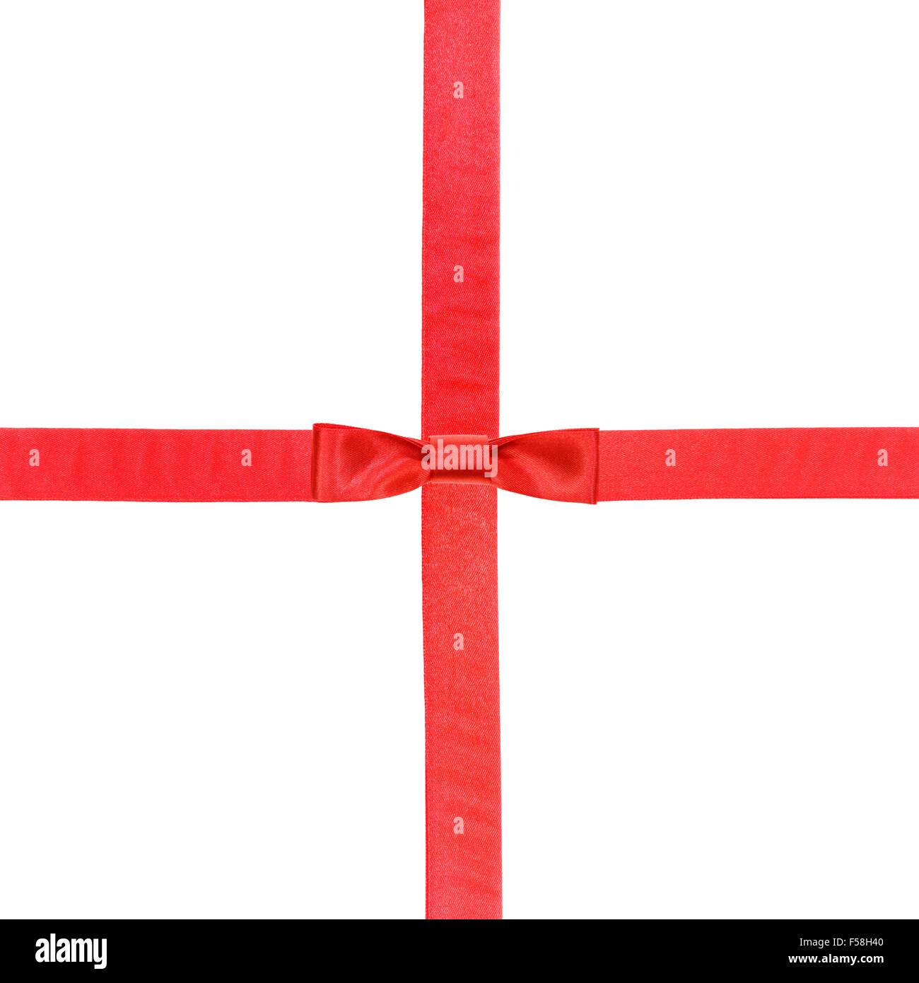Uno rosso in satin knot in centro e due nastri di intersezione isolata piazza su sfondo bianco Foto Stock