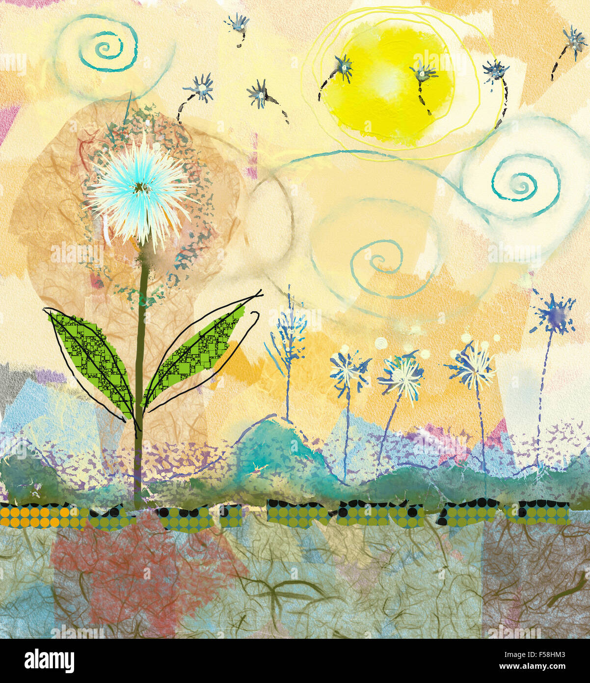 Fiori astratti pittura e mixed media art background Foto Stock