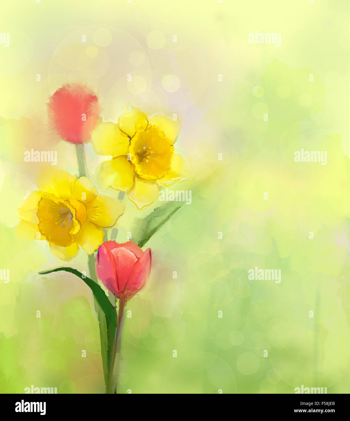 Pittura di olio tulip e narcisi fiori in colori delicati e stile di sfocatura per lo sfondo Foto Stock