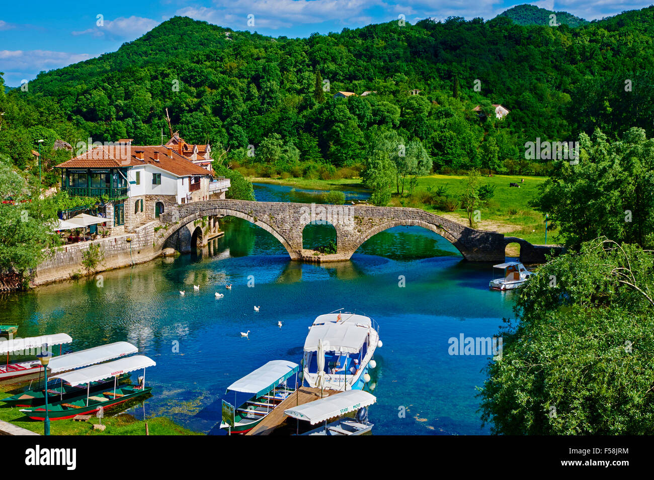 Montenegro, il Lago di Scutari Parco Nazionale, villaggio di Rijeka Crnojevica, lo Stari Most, Ponte Vecchio Foto Stock