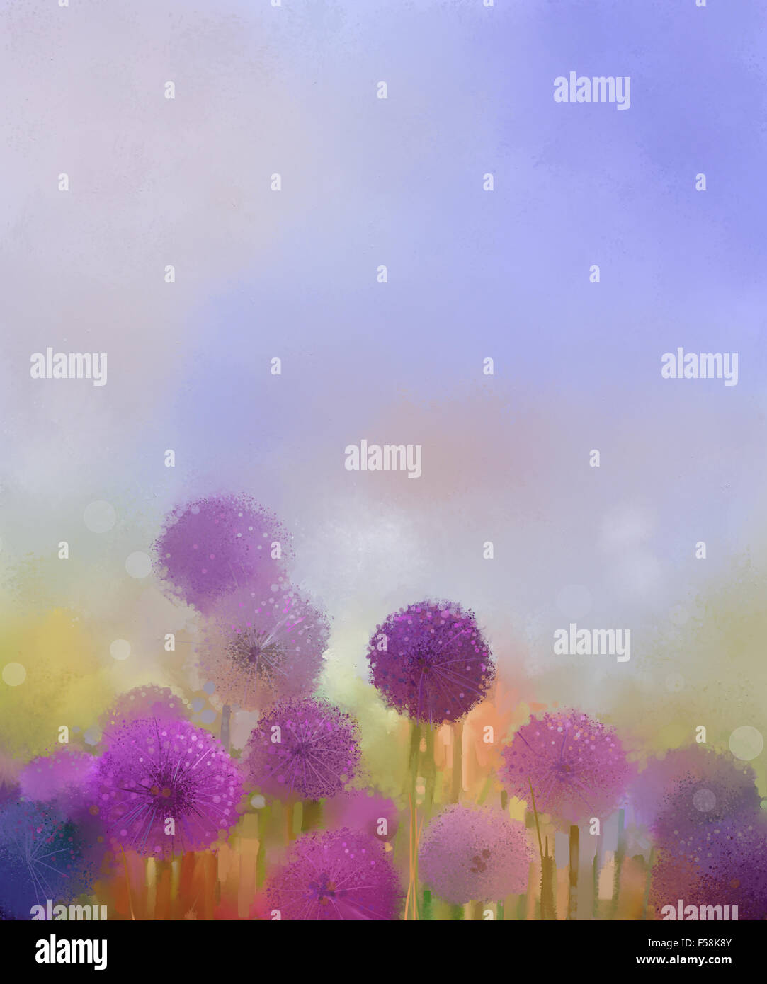 Pittura di olio,colori pastello viola chiaro fiore di cipolla in prati Foto Stock