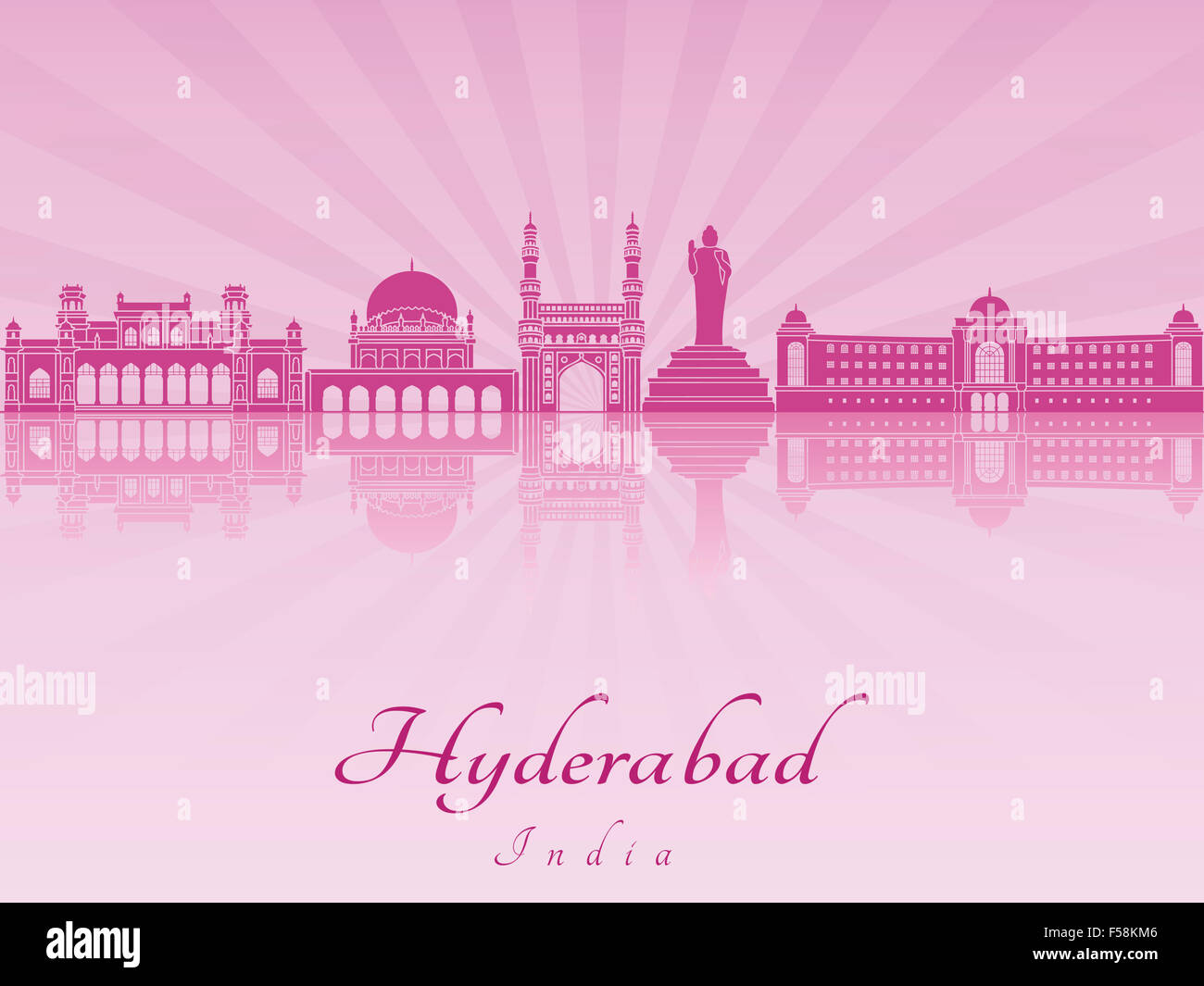 Lo skyline di Hyderabad in viola orchidea radiante in modificabile file vettoriali Foto Stock