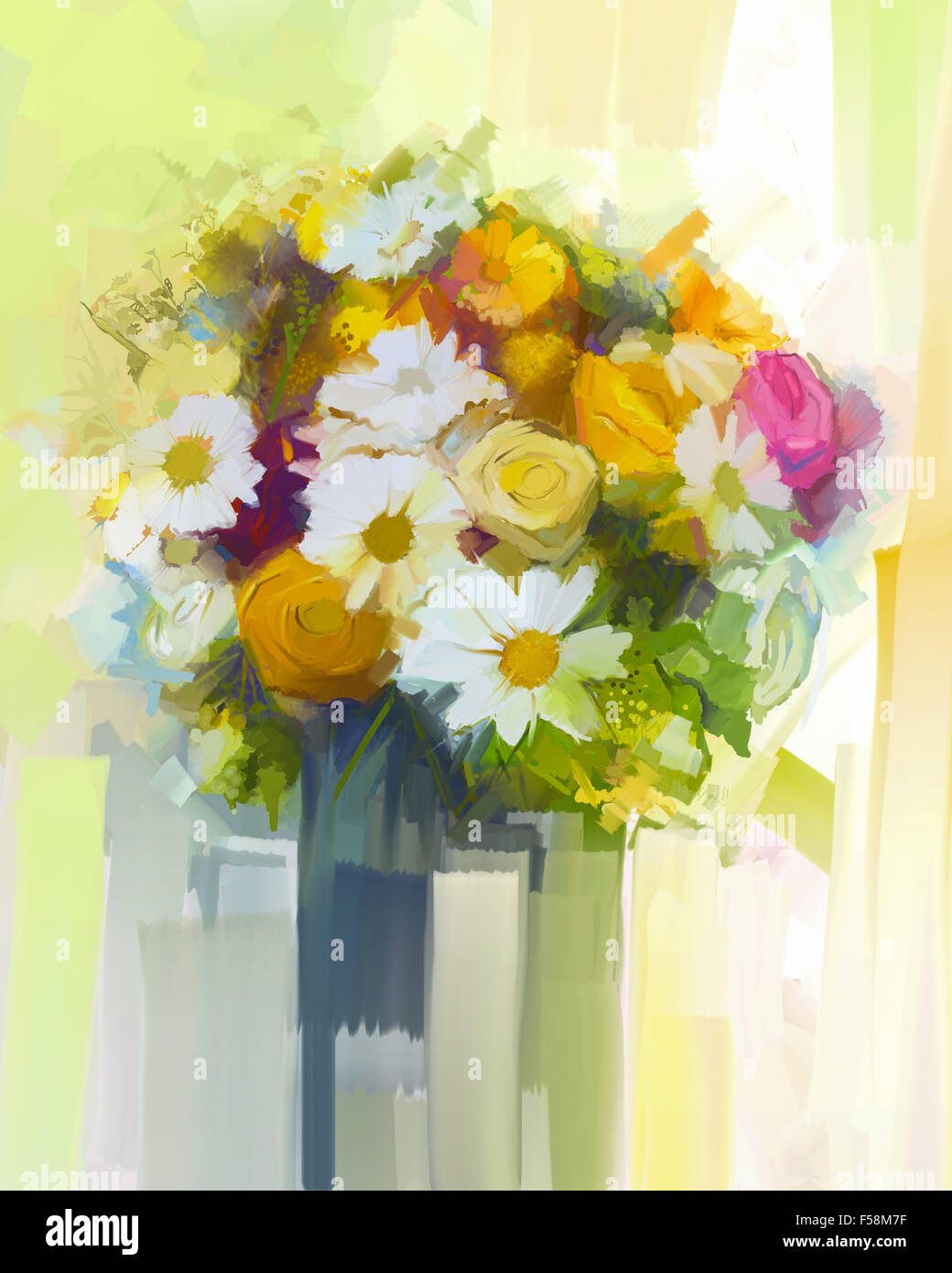 Ancora in vita un bouquet di fiori. Pittura di olio bianco rosso e giallo dei fiori in vaso. Dipinto a mano con motivi floreali in colori delicati e blurre Foto Stock