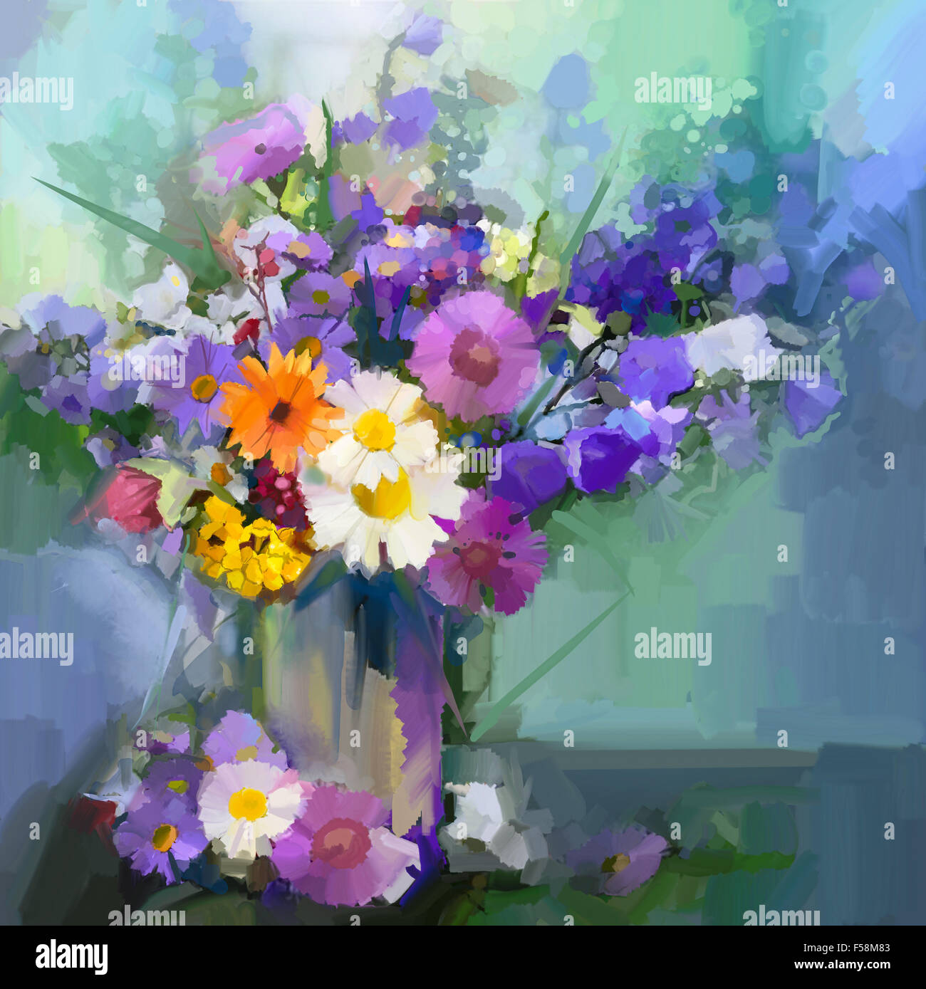 Ancora in vita un bouquet di fiori. Pittura di olio daisy fiori in vaso. Dipinto a mano con motivi floreali in colori delicati e sfocata verde in stile c Foto Stock