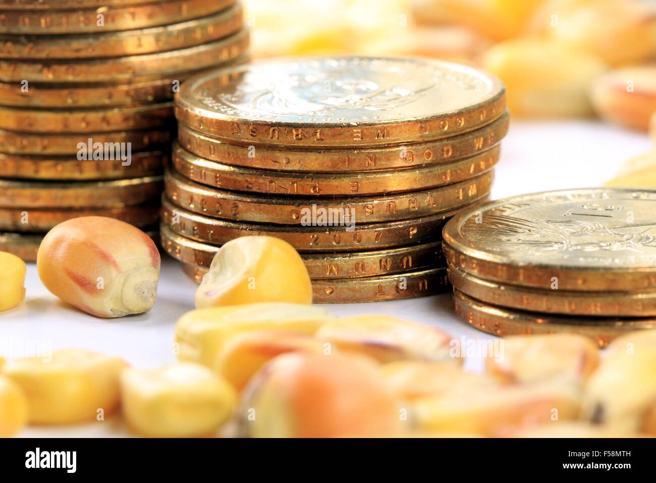 Le monete d'oro valuta statunitense con mais giallo - Commodity Trading Concept Foto Stock