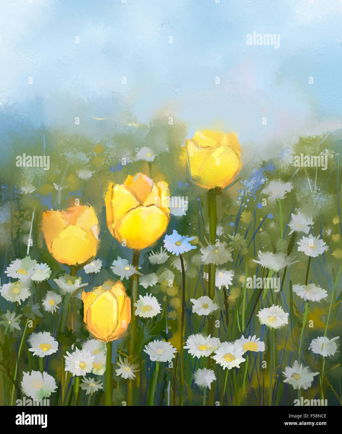 Pittura di olio campo del tulipano giallo e bianco fiori a margherita .dipinta a mano con motivi floreali in colori delicati e stile sfocata .molla s floreali Foto Stock