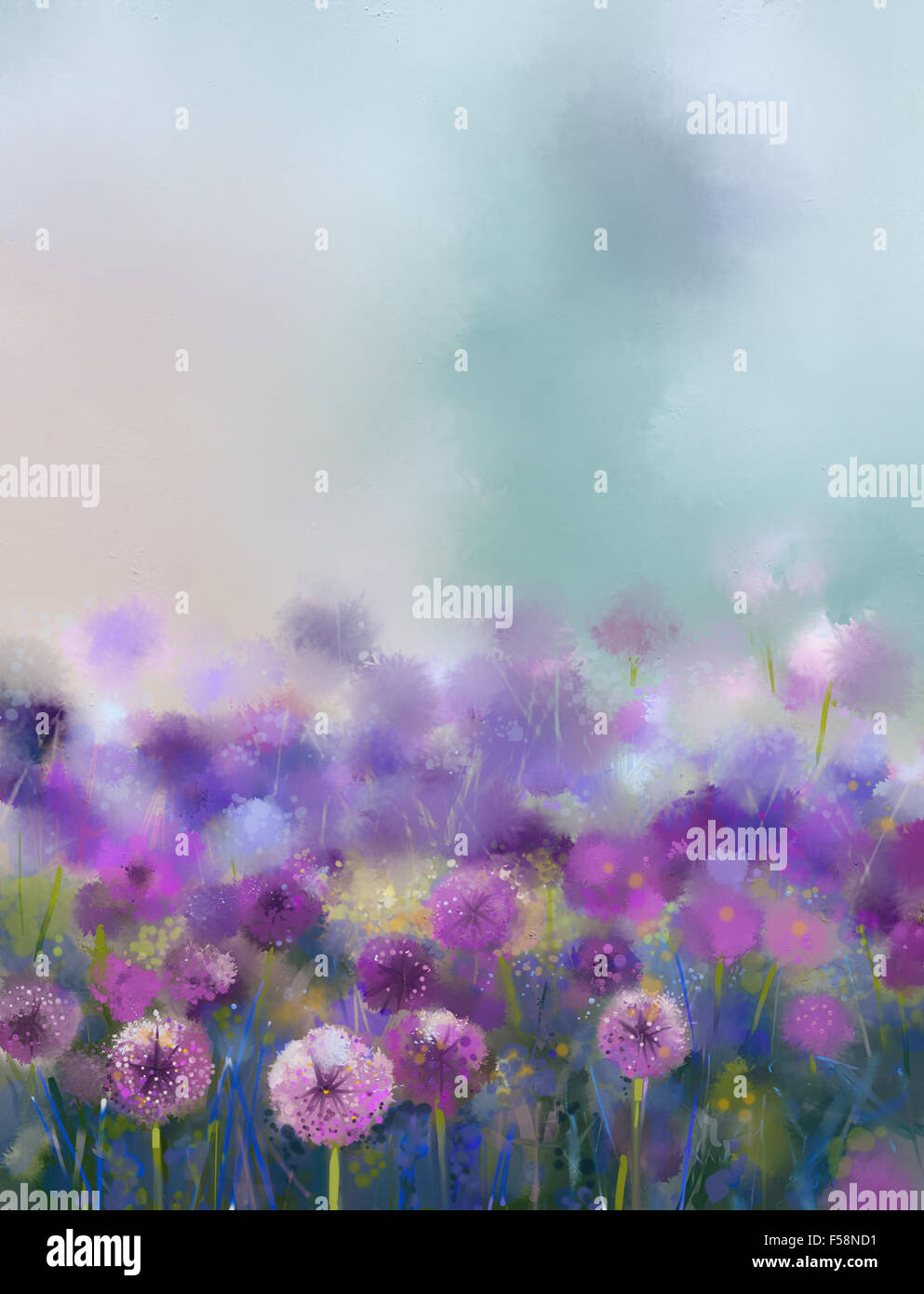Pittura ad olio la cipolla viola flower.fiore astratto in pittura colorata morbida ,molla stagionali floreali sullo sfondo della natura Foto Stock