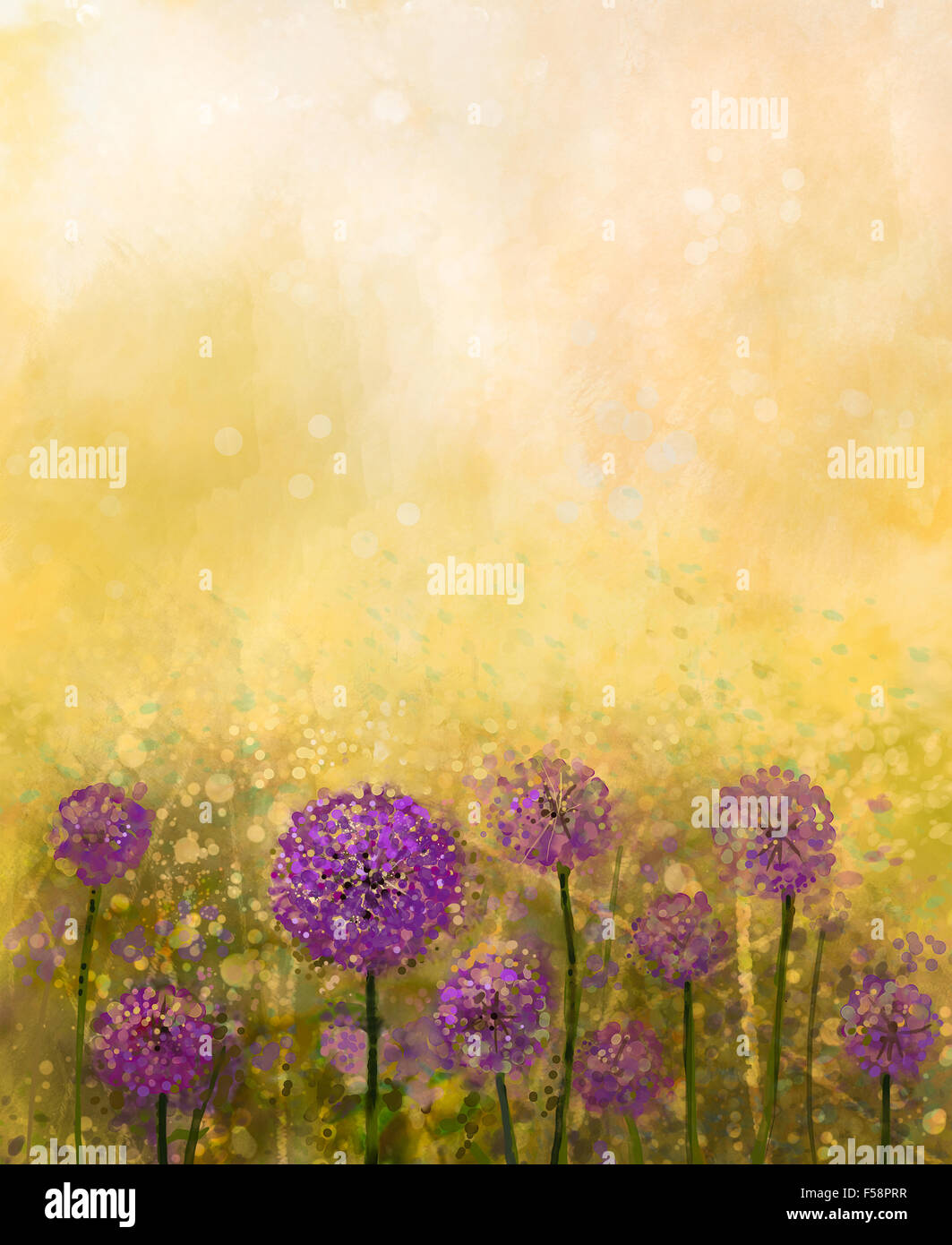 Pittura ad olio la cipolla viola fiore nei prati. Campo di cipolla al tramonto in morbido e colorato stile di sfocatura con bokeh di fondo. Fiori di Primavera Foto Stock