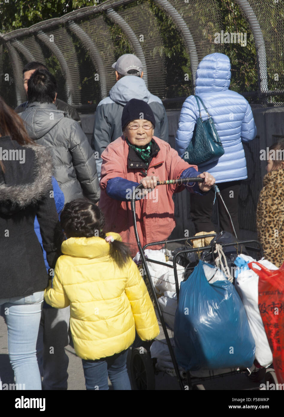 Anziani donna cinese spinge il suo stuff lungo il marciapiede nel vivace quartiere di Chinatown di Sunset Park, Brooklyn, New York. Foto Stock