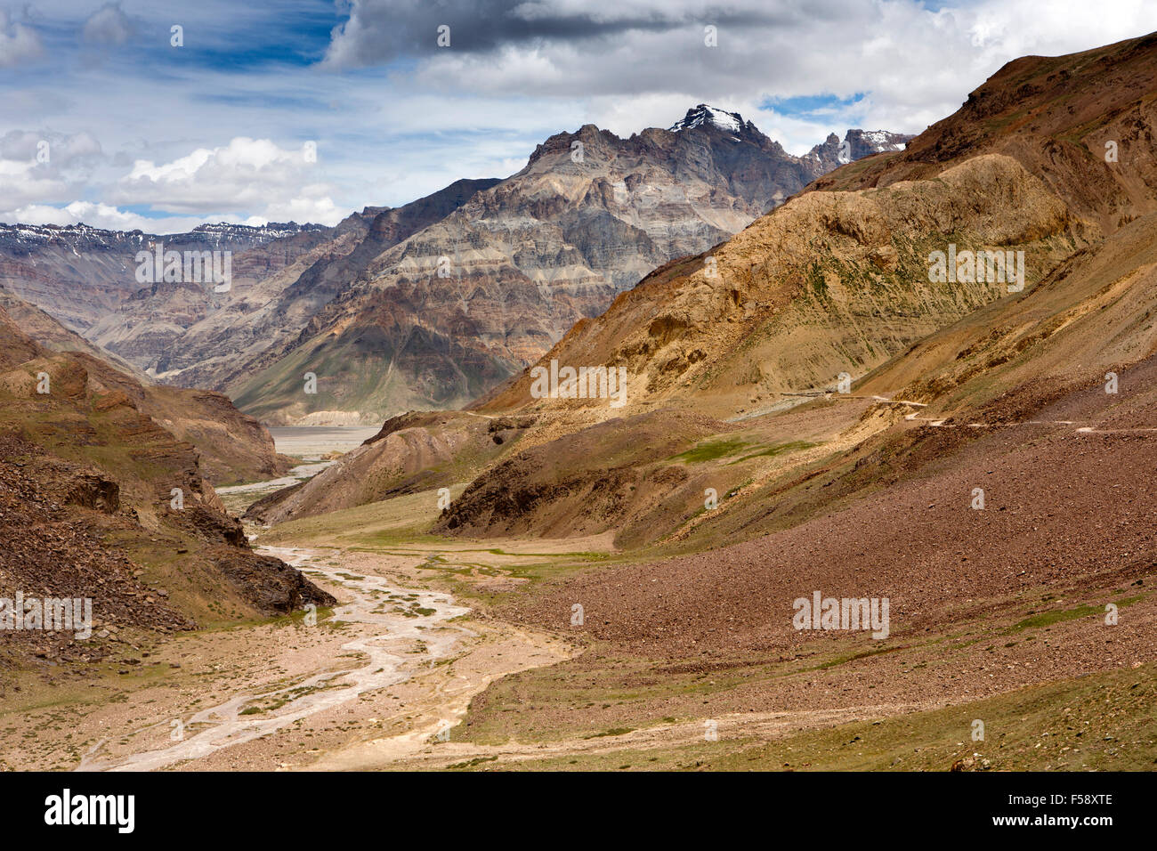 India, Himachal Pradesh, Spiti fiume che scorre verso il basso dalla Kunzum La pass verso Losar Foto Stock