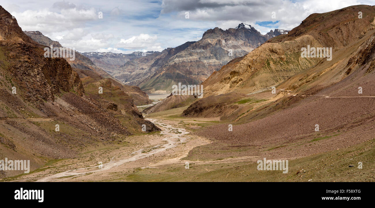 India, Himachal Pradesh, Spiti fiume che scorre verso il basso dalla Kunzum La pass verso Losar, panoramica Foto Stock