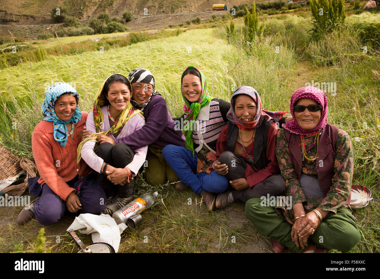India, Himachal Pradesh, Spiti Valley, Losar village, un gruppo di donne locali tenendo pausa dal lavoro nei campi Foto Stock