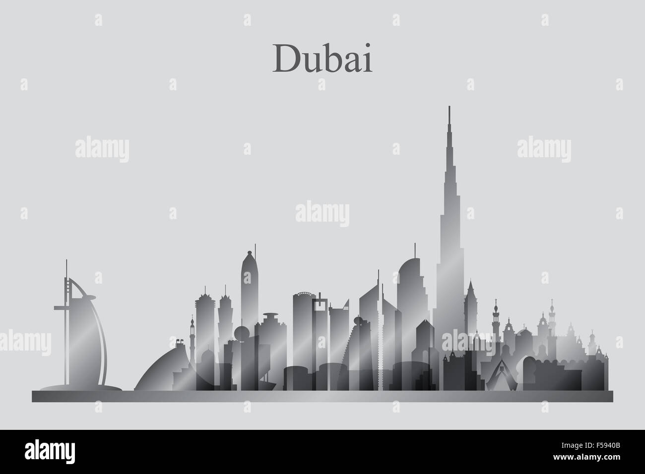 Dubai City skyline silhouette in scala di grigi Foto Stock