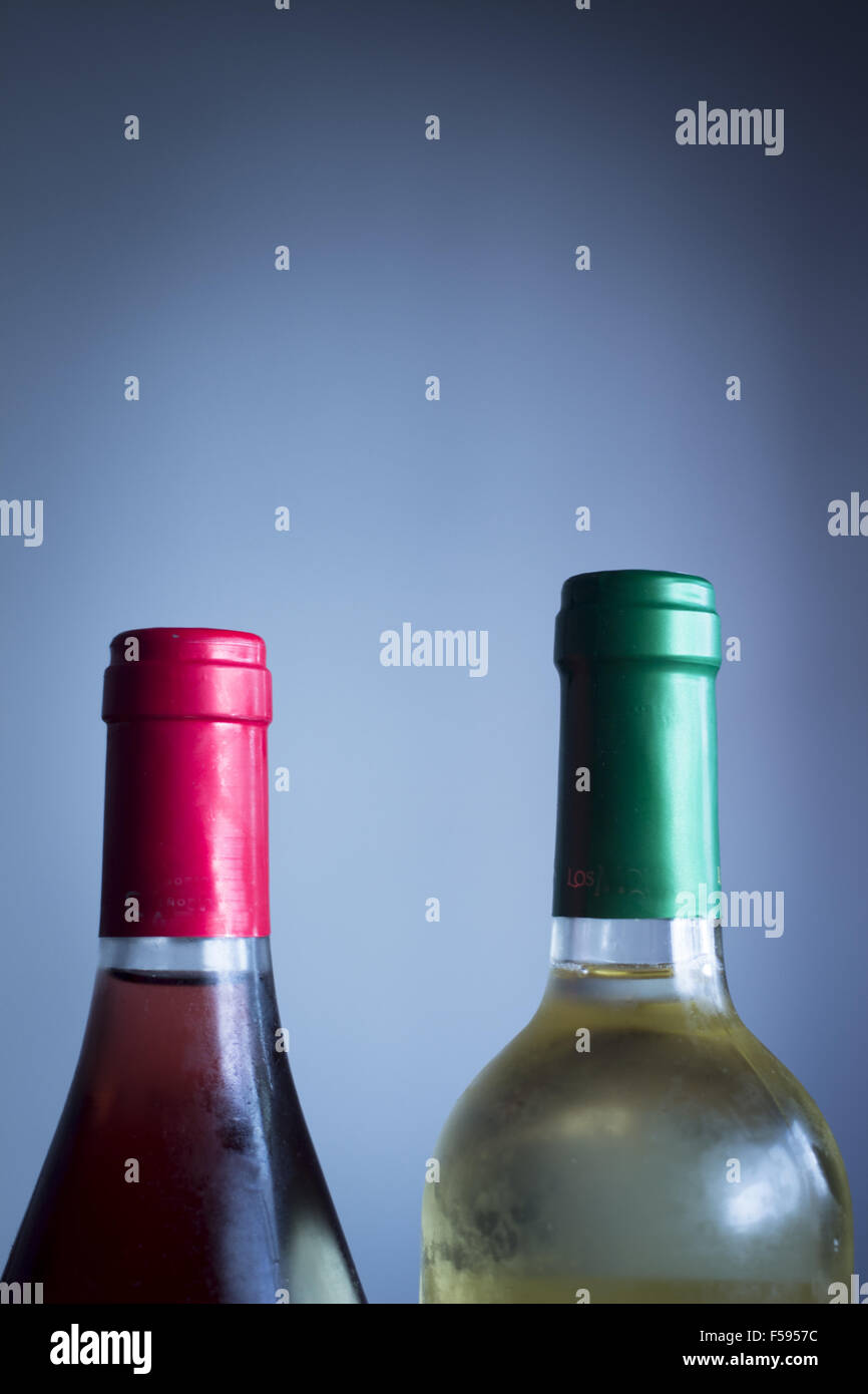 Rioja spagnolo rose bottiglia di vino e di vino bianco bottiglia studio isolato close-up sulla pianura sfondo blu foto a colori. Foto Stock