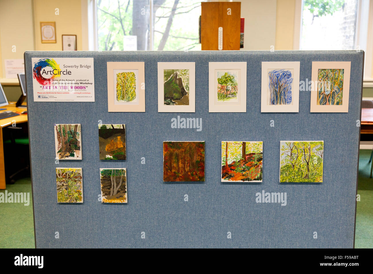 Display d'arte di artisti locali a Sowerby Bridge biblioteca, West Yorkshire Foto Stock