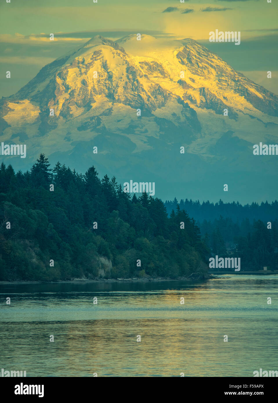 Luce della Sera splendenti sul Monte Rainier con acqua riflessioni sul Puget Sound, nello Stato di Washington, USA Foto Stock
