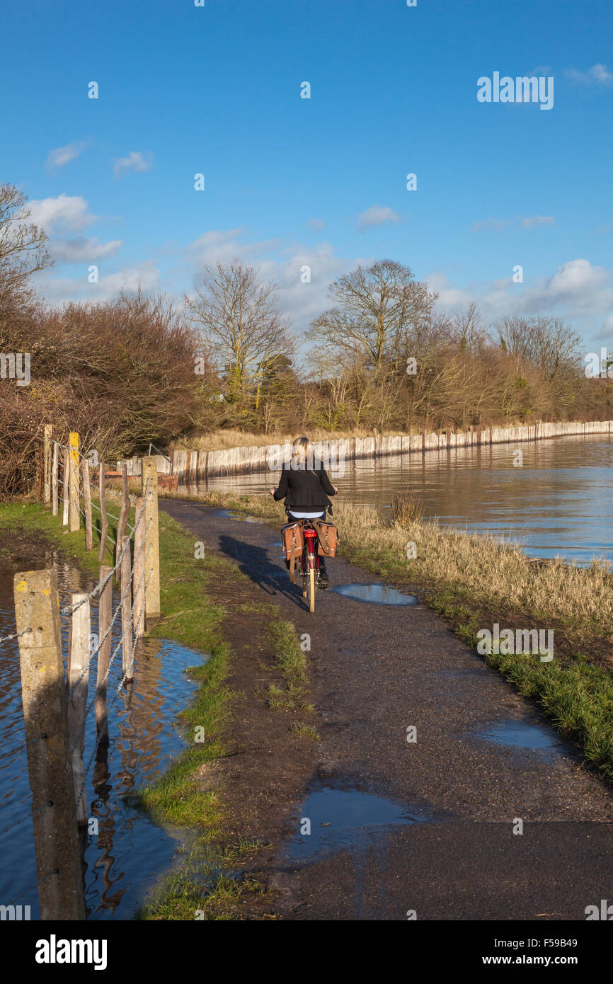 Una donna ciclista negozia le pozzanghere sul Solent modo sentiero vicino Langstone, Hampshire, Regno Unito Foto Stock