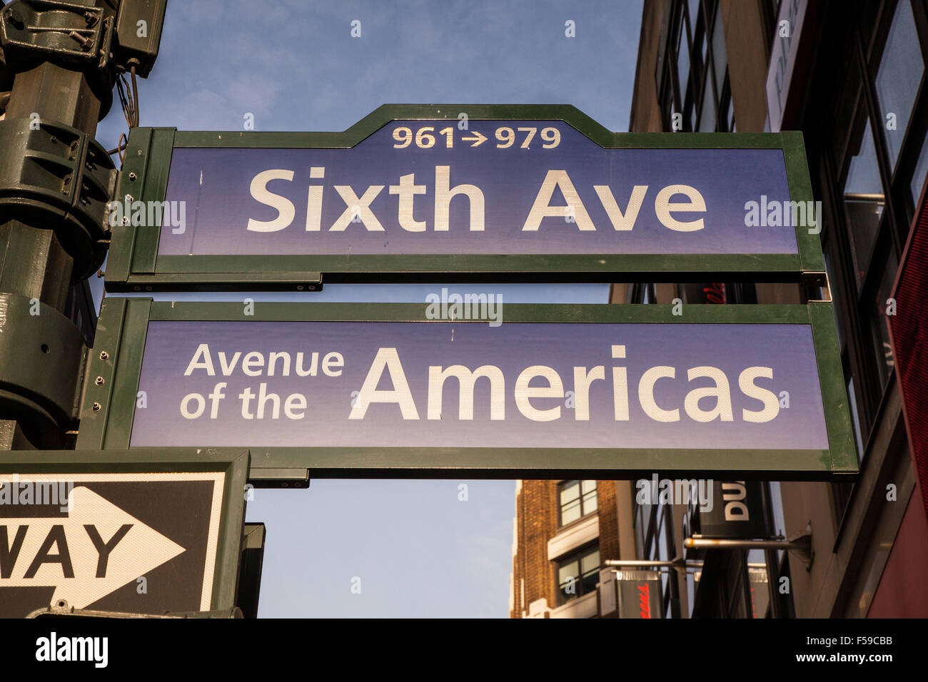 Sesta 6th Avenue, Avenue of the Americas strada segno, Manhattan, New York City, Stati Uniti d'America. Foto Stock