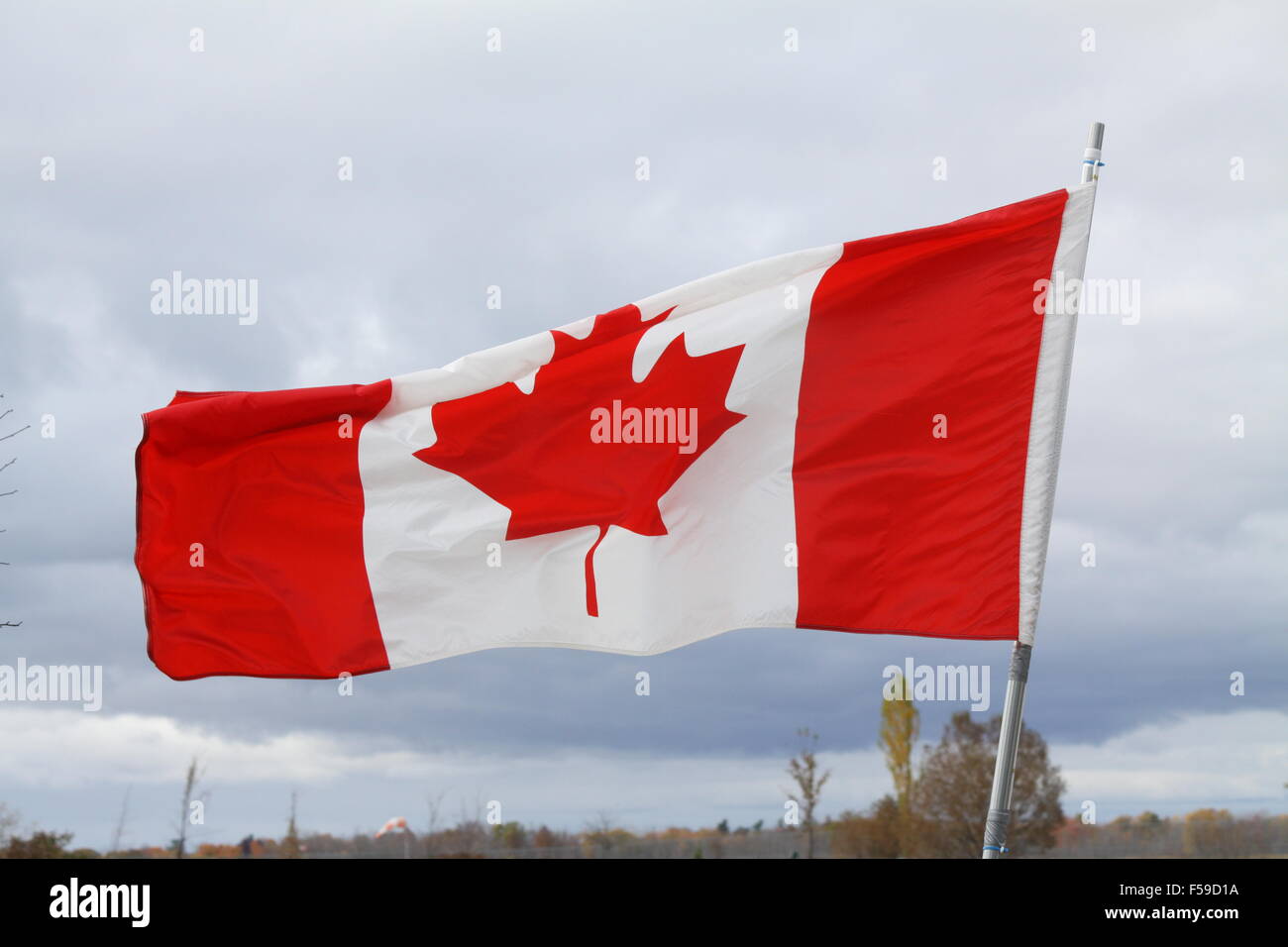 Bandiera del Canada agitando delicatamente in un nuvoloso, cielo grigio. Foto Stock
