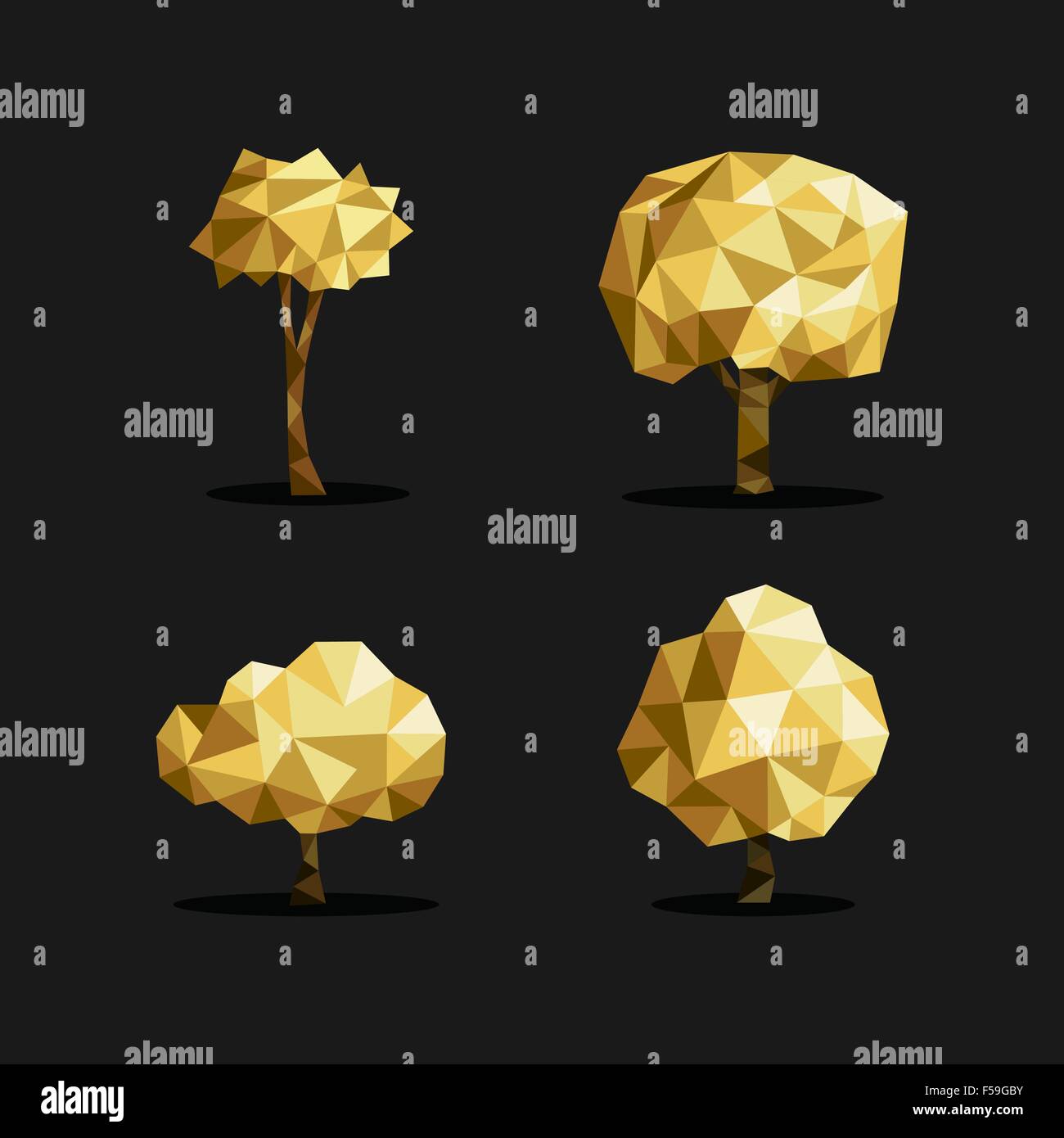 Set di triangolo poligono bassa poli tree illustrazioni in oro di colore metallico. Ideale per web icon, ecologia brochure o botanica prenota Illustrazione Vettoriale