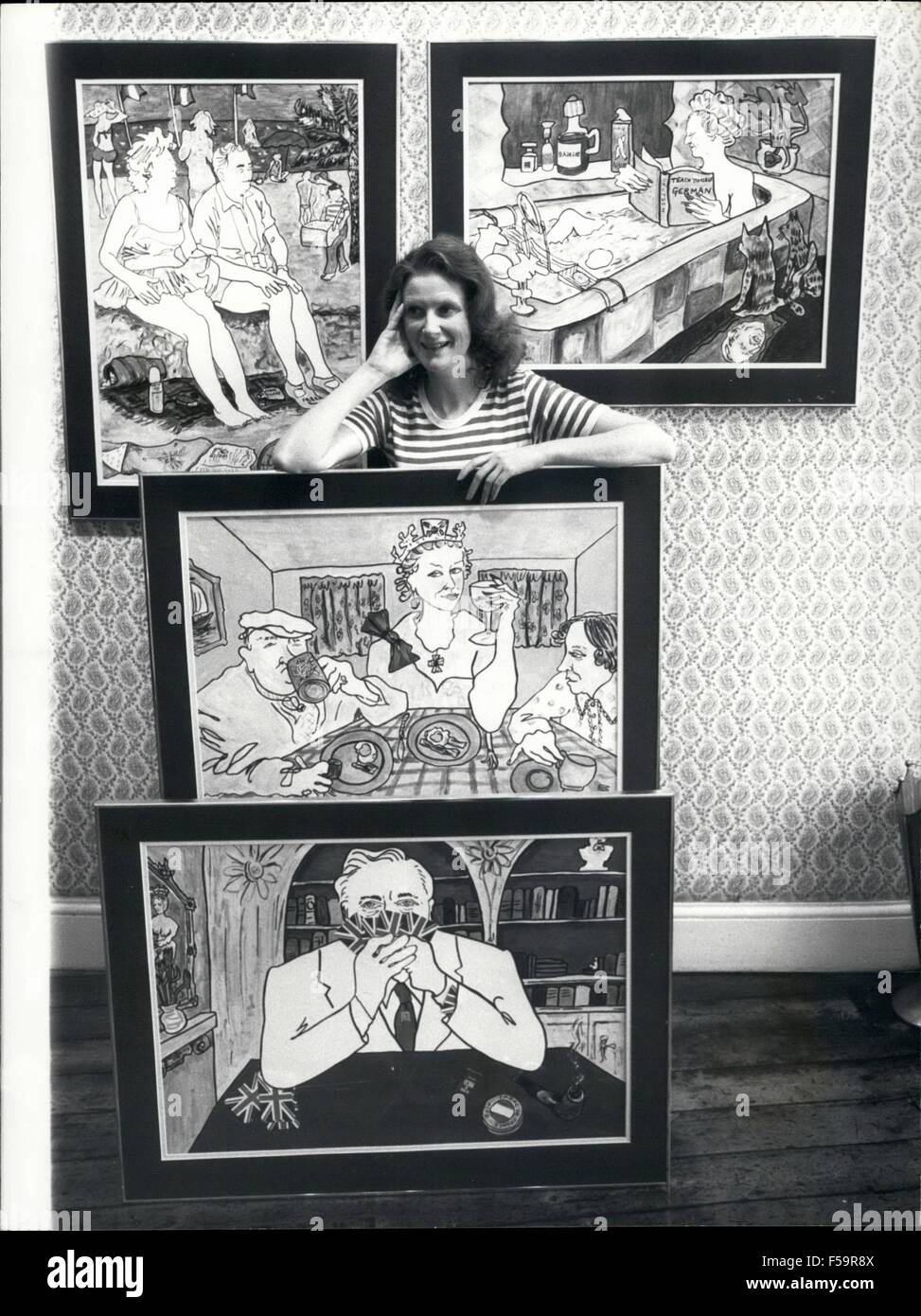 1972 - Un Churchill Chuckle al Mercato Comune: dipinti di Edwina Sandys, il 34 enne Grand-Daughter di Sir Winston Churchill, evocare più di un ampio ventre ridere-su-il mercato comune di un discreto chuckle. Esso fornisce un tocco di benvenuto di luce di soccorso in una situazione di pesante. I suoi dipinti raffigurano la chiave dati nazionali rendendo la dolorosa ri-regolazioni per adattarsi con il mercato comune immagine, con più di un tocco di satira frivole. I dipinti saranno esposti presso la gru Art Gallery, Kings Road Chelsea durante il referendum della settimana che inizia il 28 maggio. Edwina presenta le caratte Foto Stock