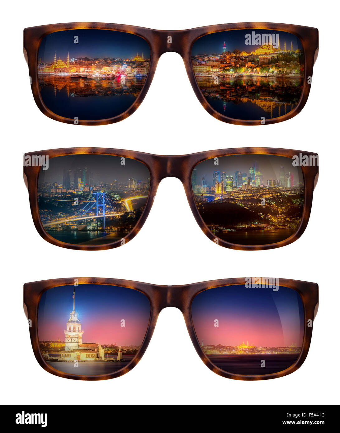 Occhiali da sole alla moda con un riflesso di un bellissimo panorama di Istanbul isolato su bianco Foto Stock