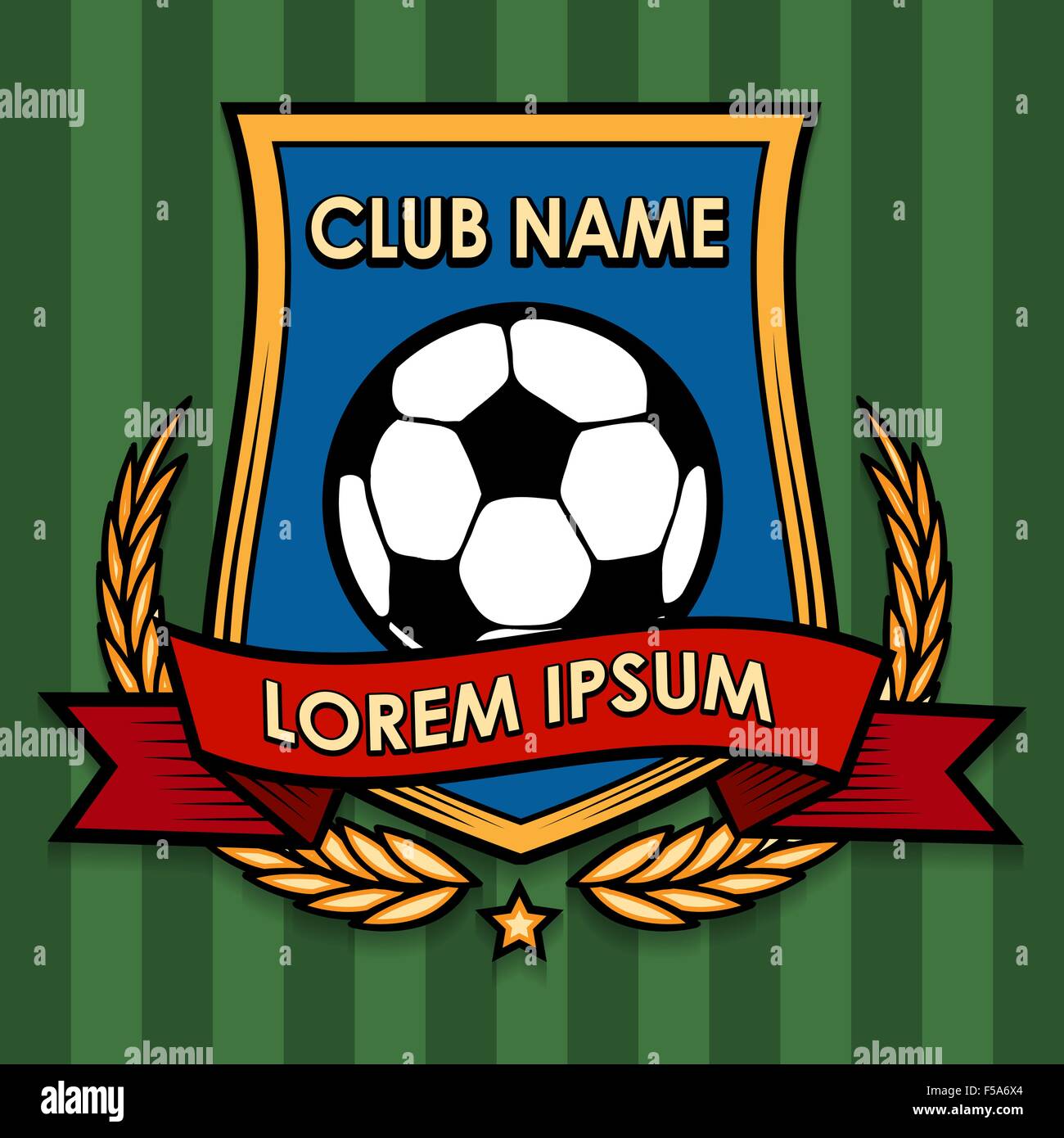 Calcio moderno calcio o emblema scudo con rami di ulivo e nastro. Illustrazione colorata. Free font utilizzato. Illustrazione Vettoriale