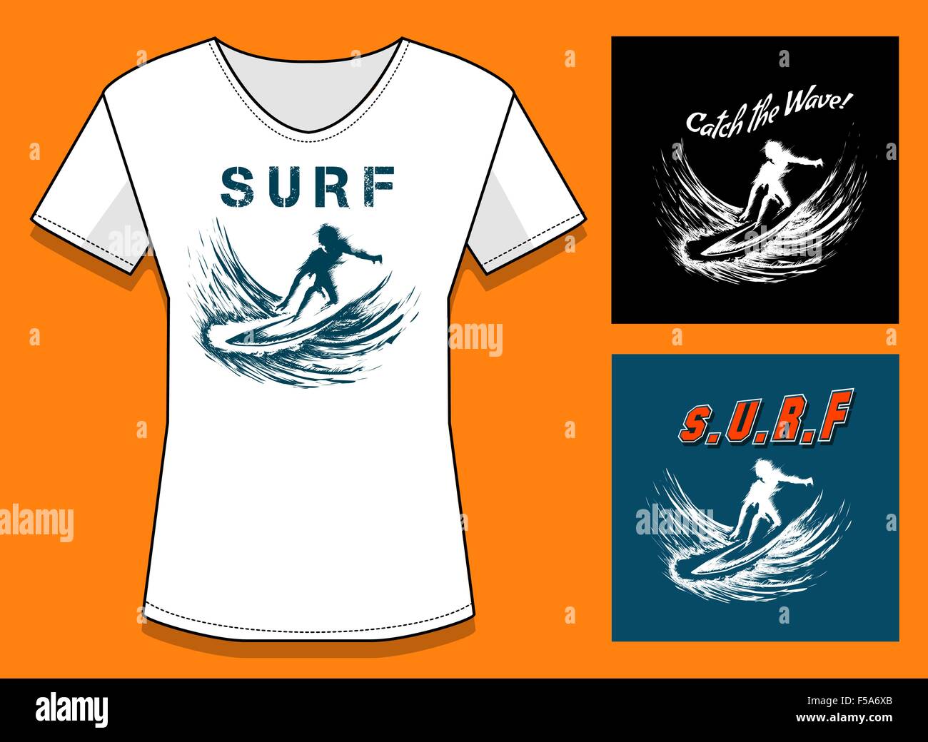 T-Shirt Stampa in tre varianti di colore. Surf Design Stampa con campioni di testo. Gratuito solo font utilizzato. Illustrazione Vettoriale
