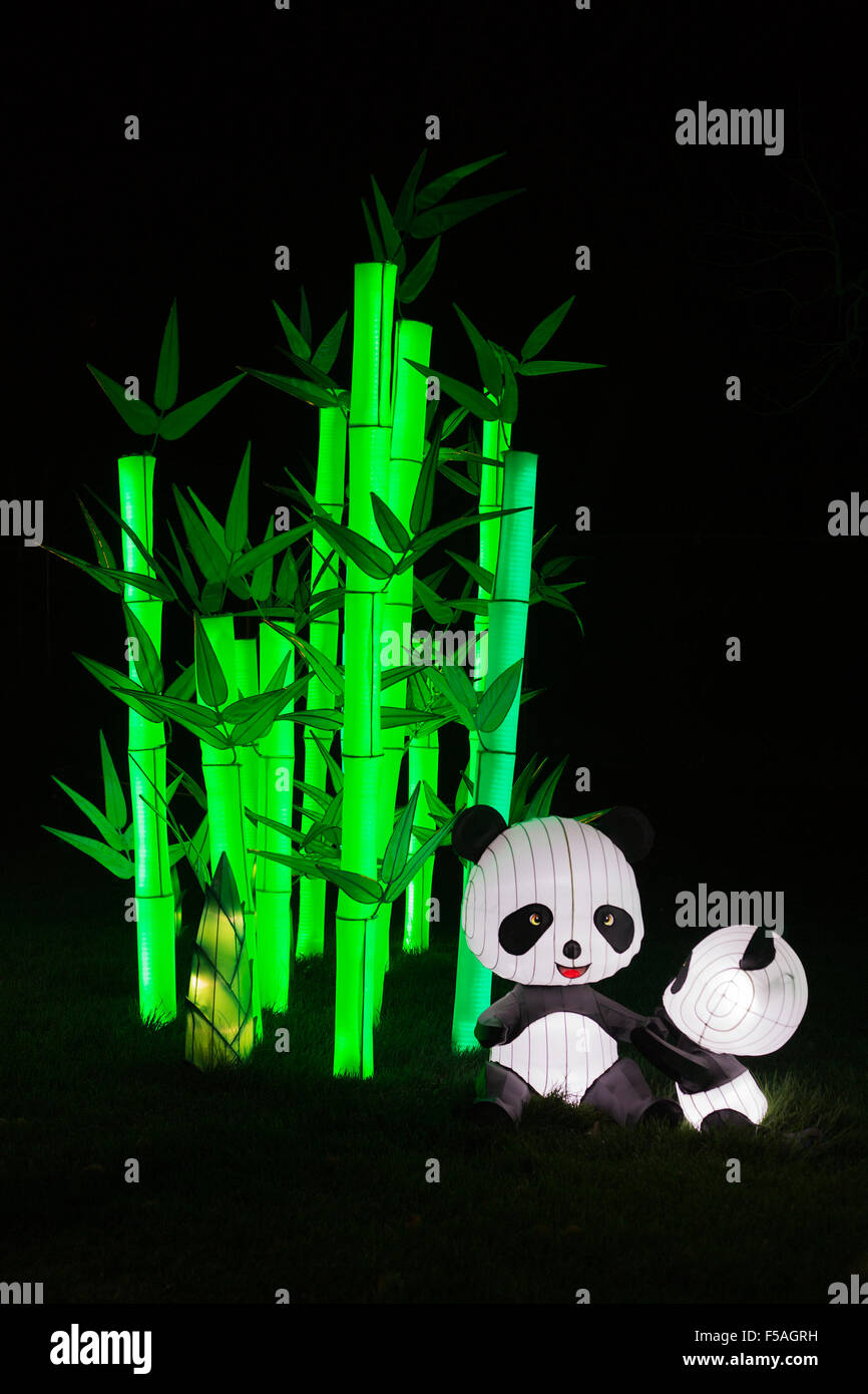 Lanterne di panda e bambù al Festival delle Lanterne di Illuminasia, realizzate a mano da artigiani, alimentate da luci LED a risparmio energetico Foto Stock