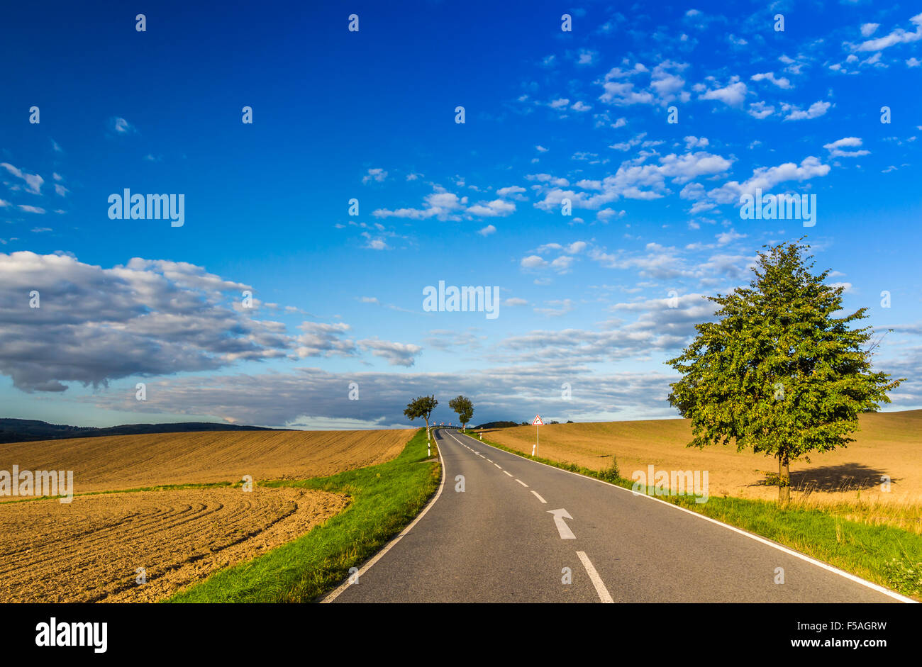 Paesaggio panoramico di colorato giallo-verde delle colline con strada di terra e cielo blu e nuvole Foto Stock