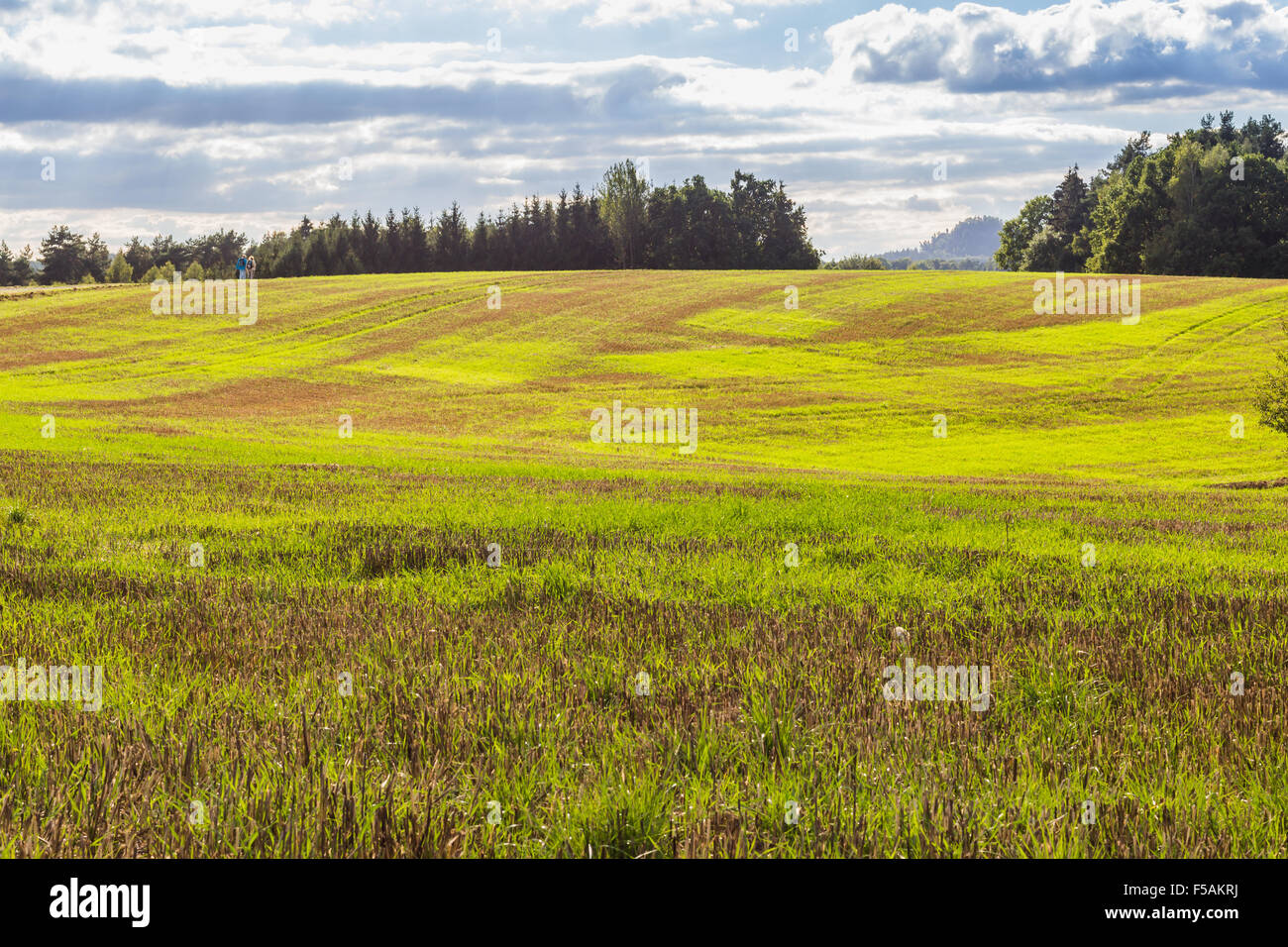 Bel tramonto su campagna paesaggio di dolci colline con raggi di sole cielo di perforazione e la collina di illuminazione Foto Stock