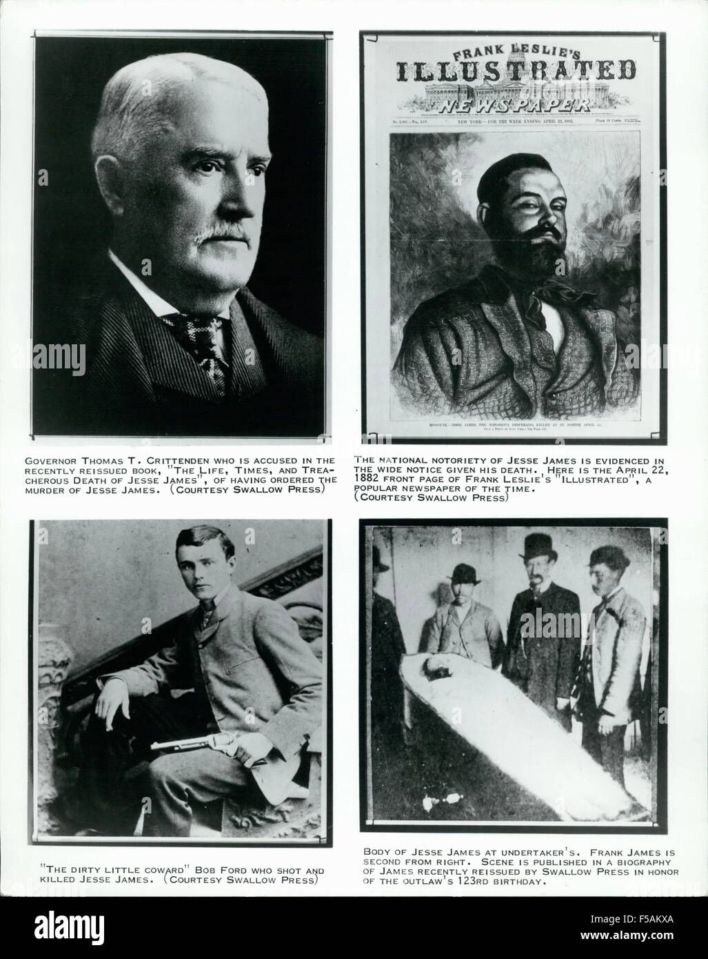 1958 - Governatori Thomas T. Crittenden chi è accusato in recentemente riemesso prenota, ''La Vita, tempi e infido morte di Jesse James, '' di aver ordinato l' assassinio di Jesse James. La notorietà nazionale di Jesse James è evidenziato nella vasta comunicazione data la sua morte. Qui è il 22 aprile 1882 pagina anteriore di Frank Leslie ''illustrato'', un giornale popolare del tempo. ''Il Dirty Little Coward'' Bob Ford che ha sparato e ucciso Jess James. Corpo di Jess James a undertaker. Frank James è il secondo da destra. La scena è pubblicato in una biografia di James recentemente riemesso dal Swallow premere i Foto Stock