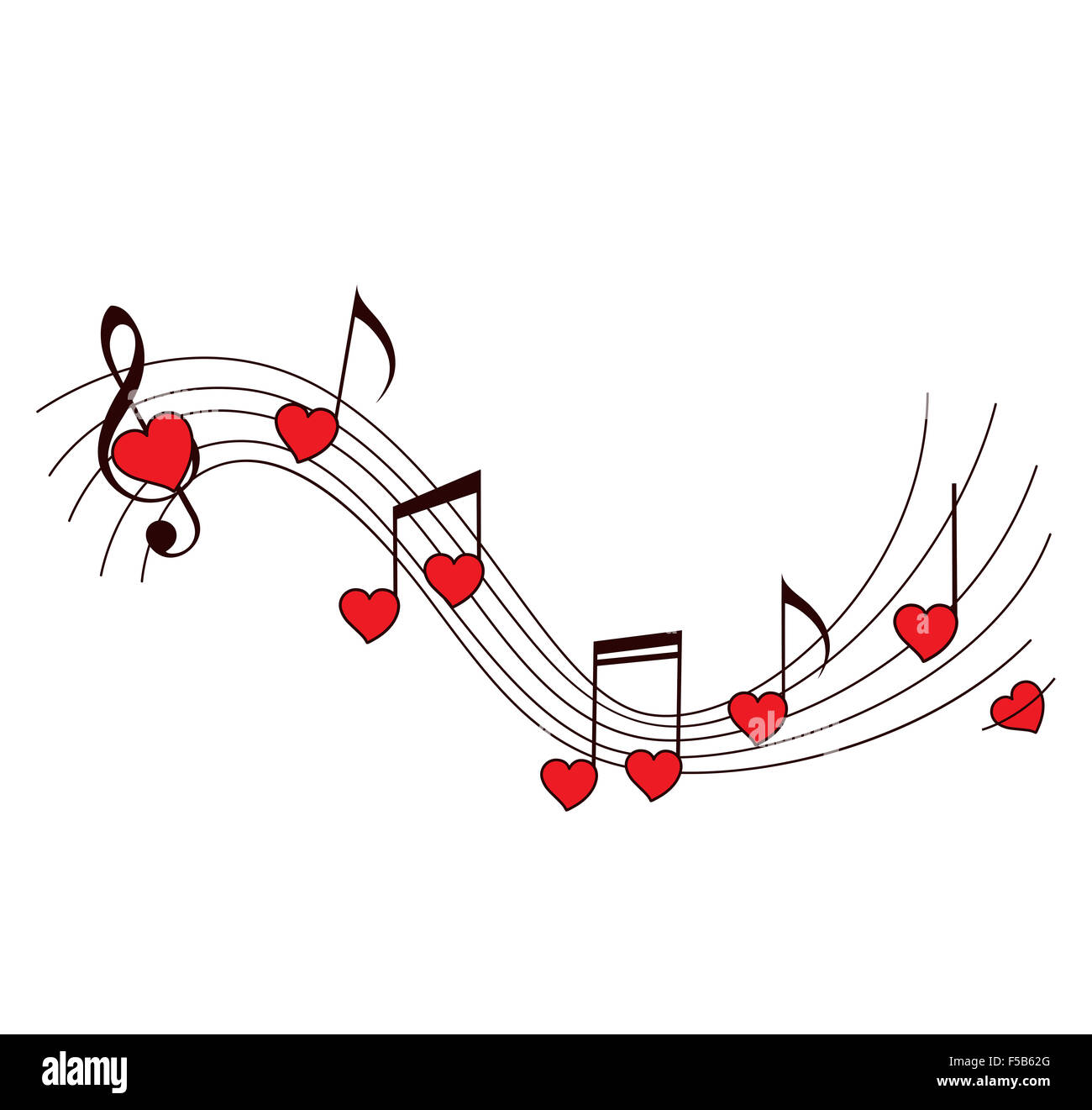 La musica romantica sfondo con note e cuori rossi Foto Stock