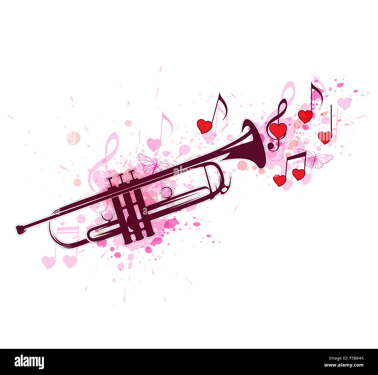 La musica romantica sfondo con tromba, note e cuori rossi Foto Stock