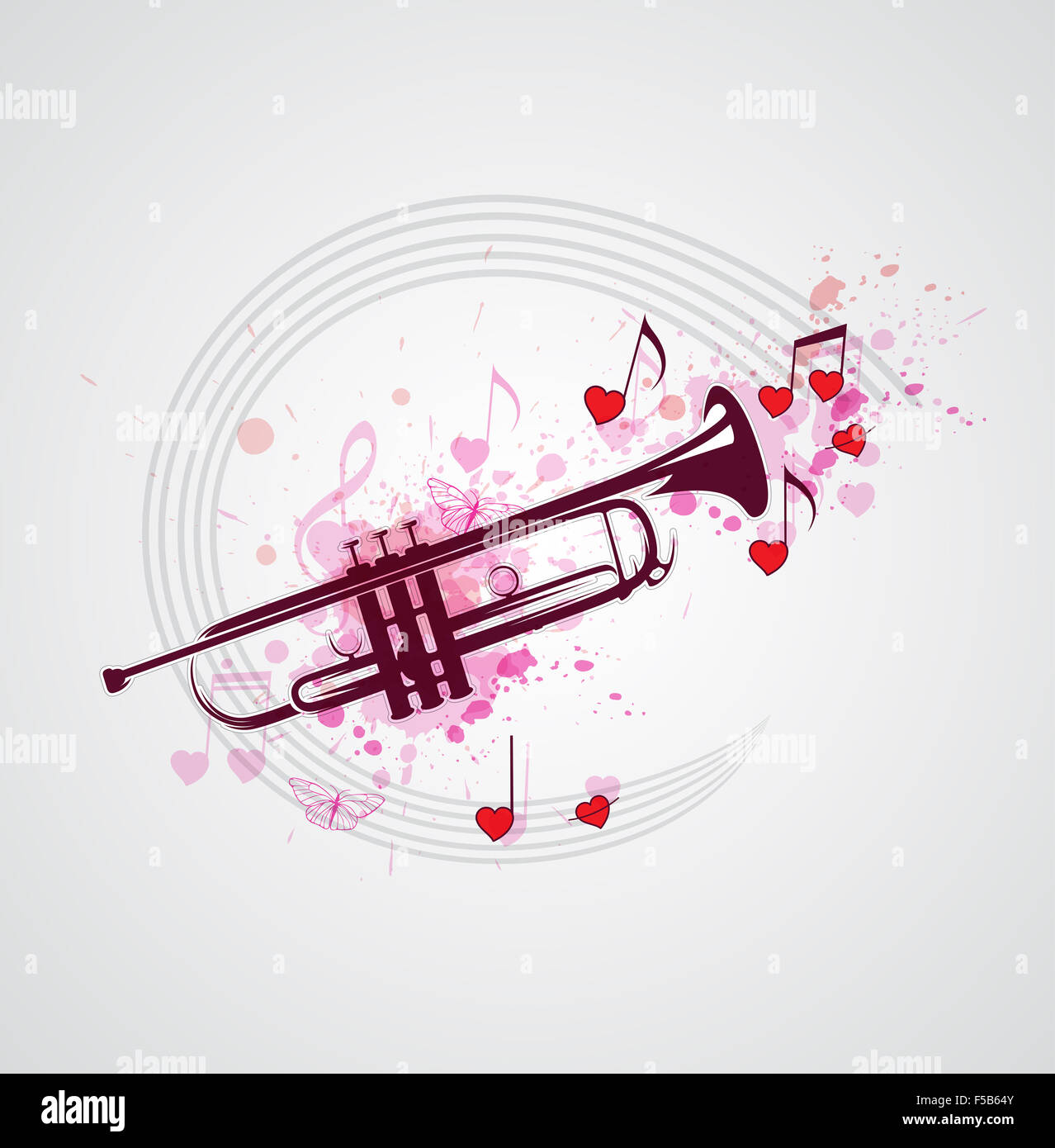 Musica di sottofondo con tromba, note e cuori rossi Foto Stock
