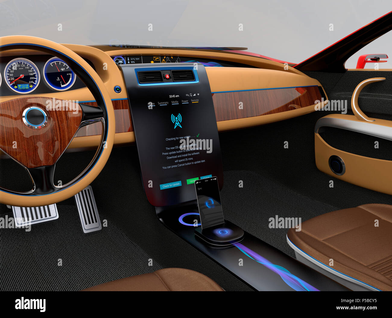 Auto elettrica console. L'utente utilizzando il touch screen per il controllo del sistema. Design originale. Foto Stock