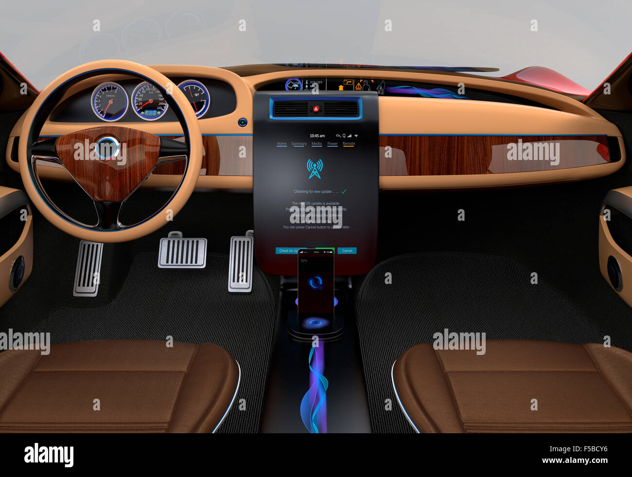 Auto elettrica console. L'utente utilizzando il touch screen per il controllo del sistema. Design originale. Foto Stock