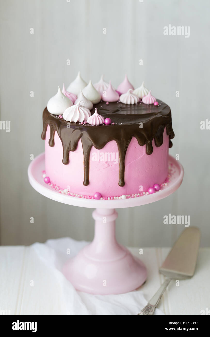Torta di compleanno decorata con meringa baci Foto Stock