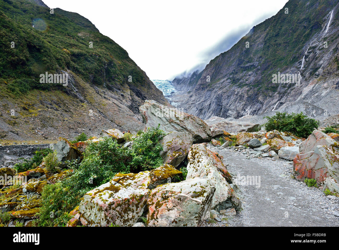 Percorso a piedi lungo un percorso roccioso lungo il fiume Waiho, che si snoda lungo le acque del ghiacciaio fino all'estremità del ghiacciaio Franz Josef, Nuova Zelanda Foto Stock
