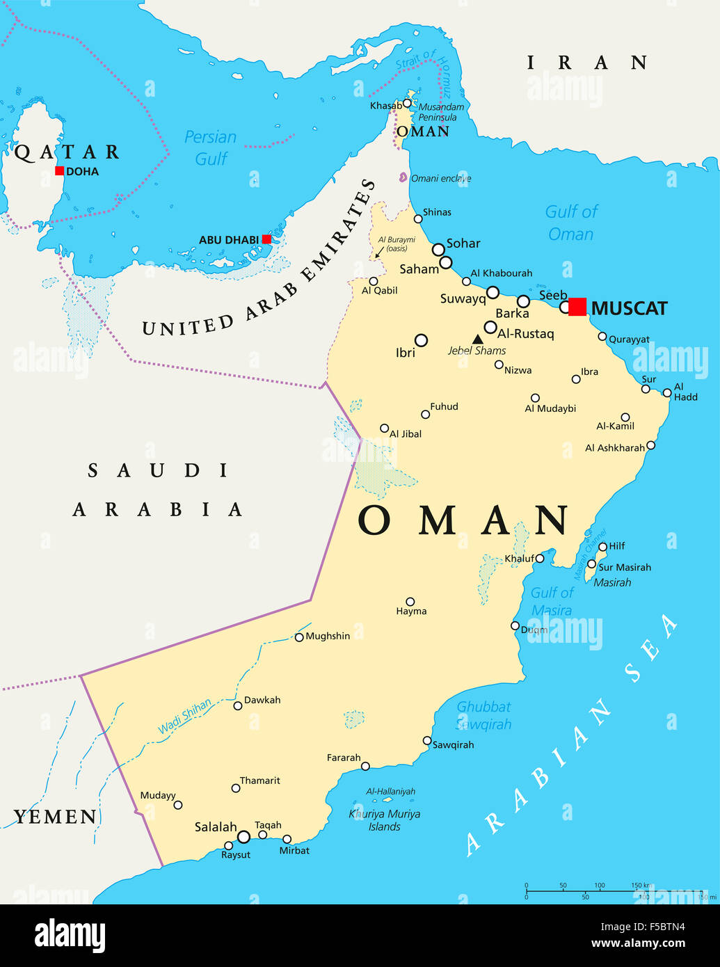 Oman mappa politico con capitale Muscat, i confini nazionali e importanti città. Etichetta inglese e la scala. Illustrazione. Foto Stock