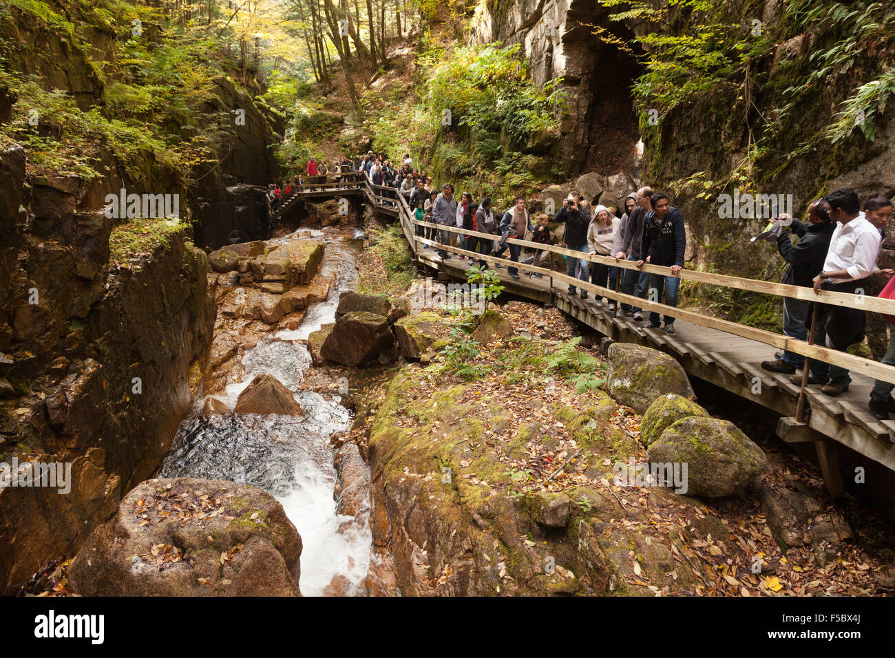 Turisti in Flume Gorge, Franconia Notch state park, White Mountains, New Hampshire New England USA Foto Stock