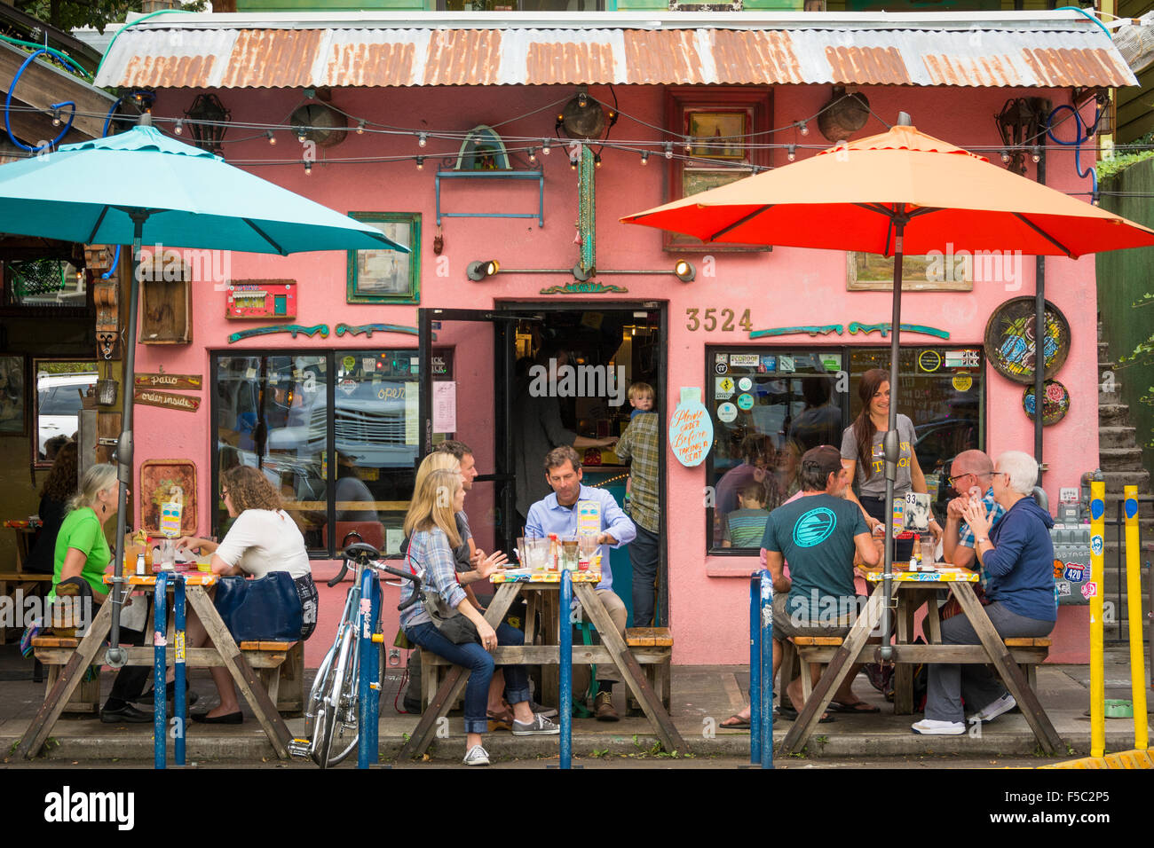 Por que no Taqueria nel Mississippi District, a nord-est di Portland, Oregon. Foto Stock