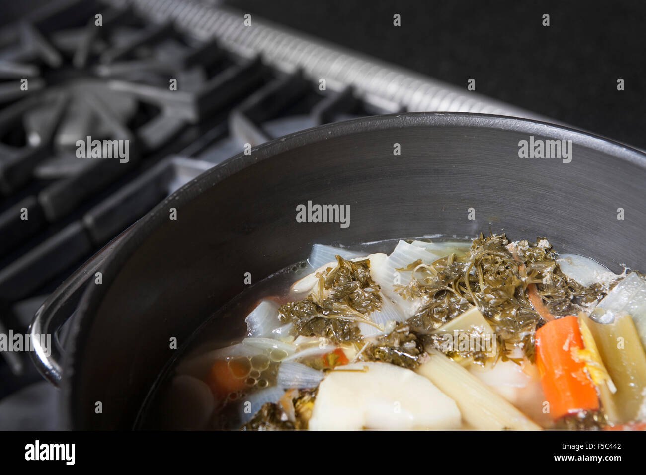 Simmering Pot di Turchia zuppa di verdure Foto Stock