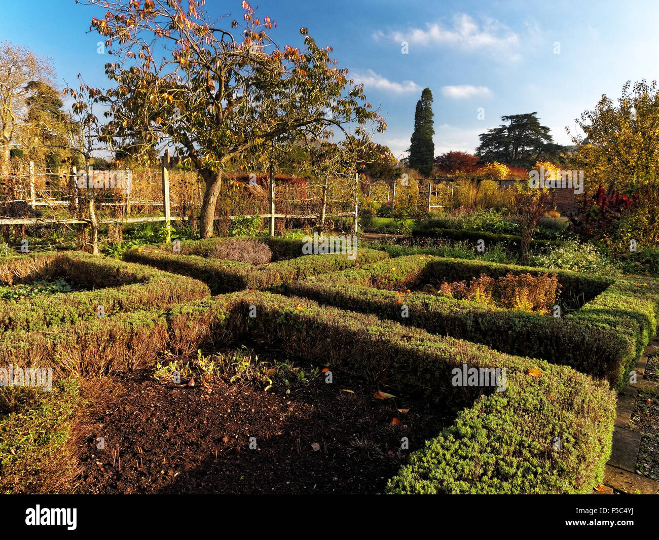 Una bella scena di autunno a Hampton Court castello, giardini e parchi nella bellissima campagna Herefordshire. Foto Stock