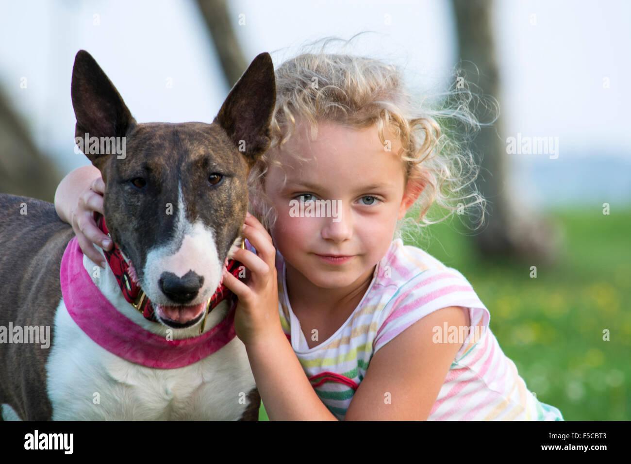 Bambino biondo con un bull terrier Foto Stock