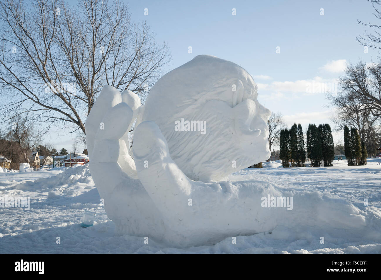 Scultura di neve di una testa in una curva a mano l'inverno le vie festival in Ely, MN, Stati Uniti d'America Foto Stock